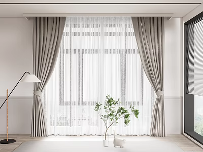 Gray Curtains with Sheer Panels in Modern Interior Alongside Floor Lamp Green Plant Cat Ornament 3d model