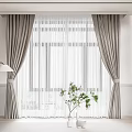 Gray Curtains with Sheer Panels in Modern Interior Alongside Floor Lamp Green Plant Cat Ornament