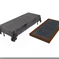 Two Stylish Furniture Tables With Gray Tablecloth Cover And Blue Marble Top Wooden Frame