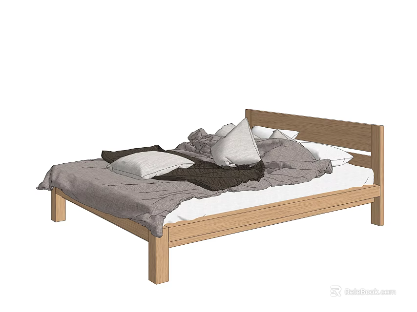 Modern Wooden Double Bed with Simple Design and Gray White Bedding 3d model