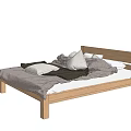 Modern Wooden Double Bed with Simple Design and Gray White Bedding 3d model