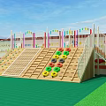 Kindergarten Outdoor Playground With Wooden Climbing Frames Colorful Rings White Fence And Green Floor