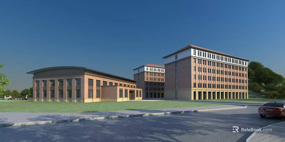 Traditional School Buildings With Red Brick Facade Green Lawn And Spacious Courtyard 3d model 