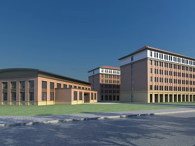 Traditional School Buildings With Red Brick Facade Green Lawn And Spacious Courtyard 3d model