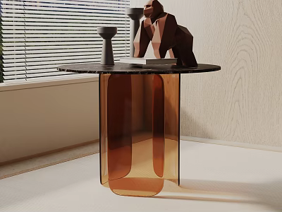 Modern Amber Glass Side Table With Geometric Base Round Top And Decorative Items By Window 3d model