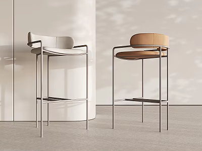 Modern Bar Stools With Metal Frame And Leather Seat In White And Beige Tones 3d model