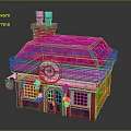 Cartoon Scene of Pink Building with Red Roof Chimney Circular Sign and Window Flower Pots