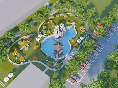 Scenic Park Landscape with Central Pool Rockery Pavilion Surrounding Trees Orange Flowers and White Umbrellas 3d model