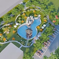 Scenic Park Landscape with Central Pool Rockery Pavilion Surrounding Trees Orange Flowers and White Umbrellas