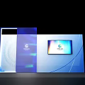 Modern Display Backdrop With Blue White Design And Innovation Logo Screen 3d model