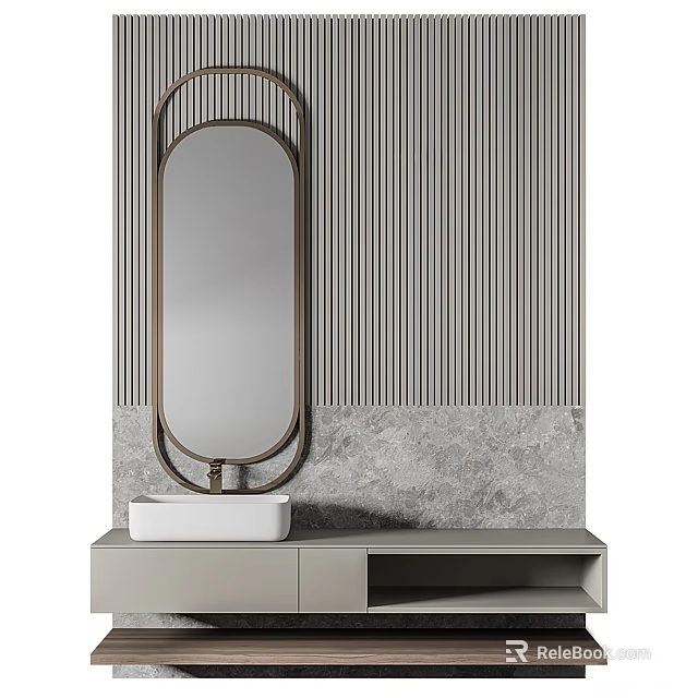 Modern Bathroom Vanity With Oval Mirror Metal Frame Striped Wall And Gray Stone 3d model 