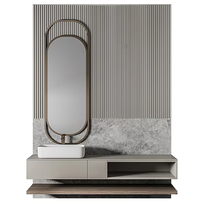 Modern Bathroom Vanity With Oval Mirror Metal Frame Striped Wall And Gray Stone 3d model