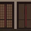 Dark Brown Double Doors With Golden Grid Geometric Patterns Red Vertical Strips Light Wall Background 3d model