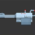 Gray Metallic Weapon Featuring Long Barrel Red Handles And LW Logo Mechanical Design