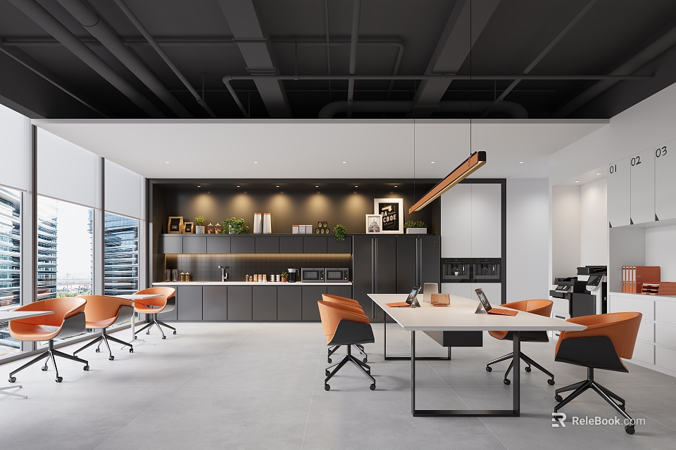 Modern Office Break Room With Open Design Orange Chairs Tables Cabinets And City View Windows 3d model 
