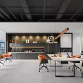 Modern Office Break Room With Open Design Orange Chairs Tables Cabinets And City View Windows