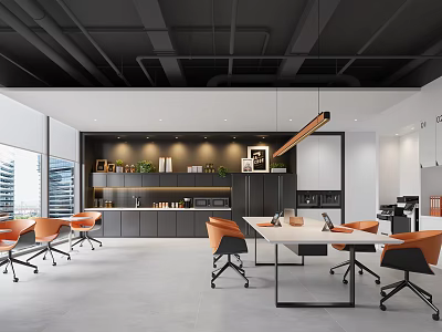 Modern Office Break Room With Open Design Orange Chairs Tables Cabinets And City View Windows 3d model