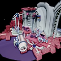Vibrant Cartoon Scene With Mechanical Structures Red Bricks Purple Ground And White Machinery