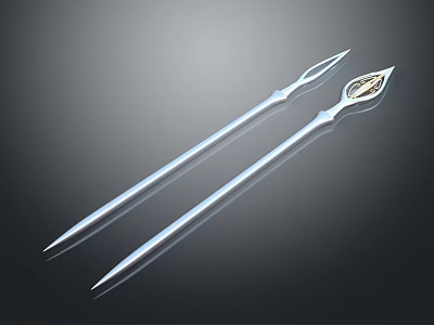 Pair of Shiny Silver Decorative Long Spears Featuring Ornate Top Ornament 3d model