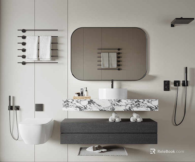 Modern Bathroom Interior Design With Stylish Washbasin Marble Countertop Oval Mirror And Cabinet 3d model 