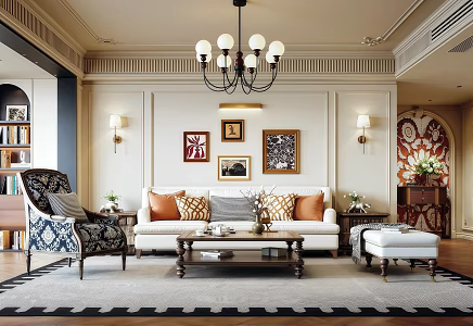 French American Style Home Living Room Balcony Bookcase Hallway Side Cabinet Chandelier Sofa Coffee Table Combination 3d model