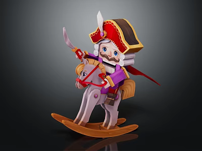 Pirate Doll Riding On Wooden Rocking Horse With Purple Cape And Sword 3d model