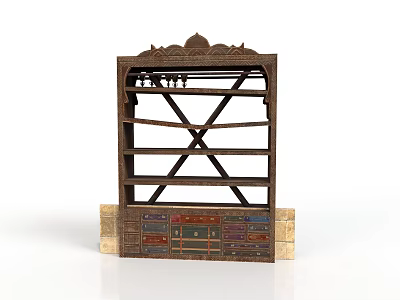 Traditional Wooden Display Shelf With Ornate Carved Top Multiple Shelves Crossbar Support And Bottom Drawers 3d model