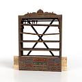 Traditional Wooden Display Shelf With Ornate Carved Top Multiple Shelves Crossbar Support And Bottom Drawers