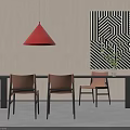 Modern Dining Table Set With Brown Chairs Red Pendant Light And Geometric Art