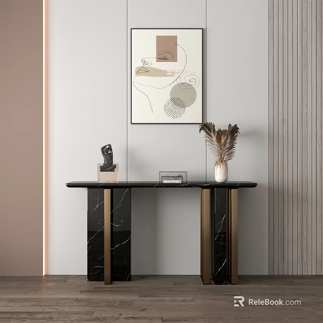 Modern Console Table with Marble Top and Metal Legs Featuring Sculpture Vase and Wall Art 3d model 