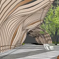 Wooden Pergola With Wavy Striped Design Outdoor Landscaped Path And Trees