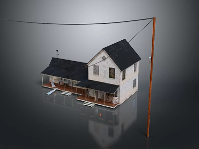 Small House With Black Roof White Walls Front Porch And Utility Pole Power Line 3d model
