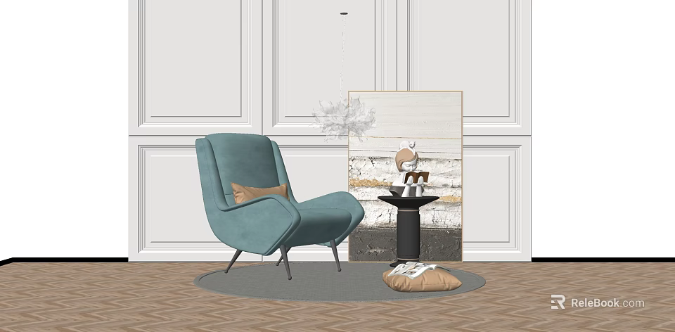 Light Blue Modern Single Sofa With Side Table Decorative Items And White Paneled Walls 3d model