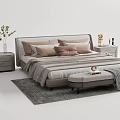 Modern Double Bed With Bedside Tables Pillows Striped Blanket Bench And Decorative Vases