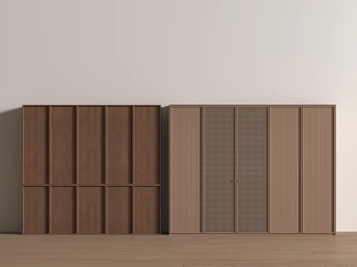 Simple Modern Brown Wooden Wardrobes With Grid And Solid Door Design In Interior Space 3d model