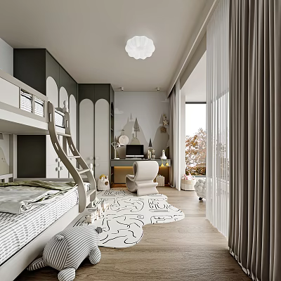 Modern Kids Room Interior Design With Bunk Bed Desk Chair And Decorative Rug 3d model