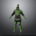 Fantasy Character In Green Decorative Armor With Creature Themed Helmet And Upright Stance
