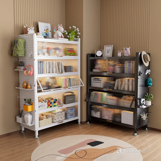 Modern Metal Bookshelves with Books Decorative Items Storage Boxes and Potted Plants in Cozy Room 3d model 