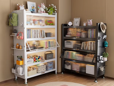 Modern Metal Bookshelves with Books Decorative Items Storage Boxes and Potted Plants in Cozy Room 3d model