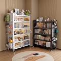 Modern Metal Bookshelves with Books Decorative Items Storage Boxes and Potted Plants in Cozy Room