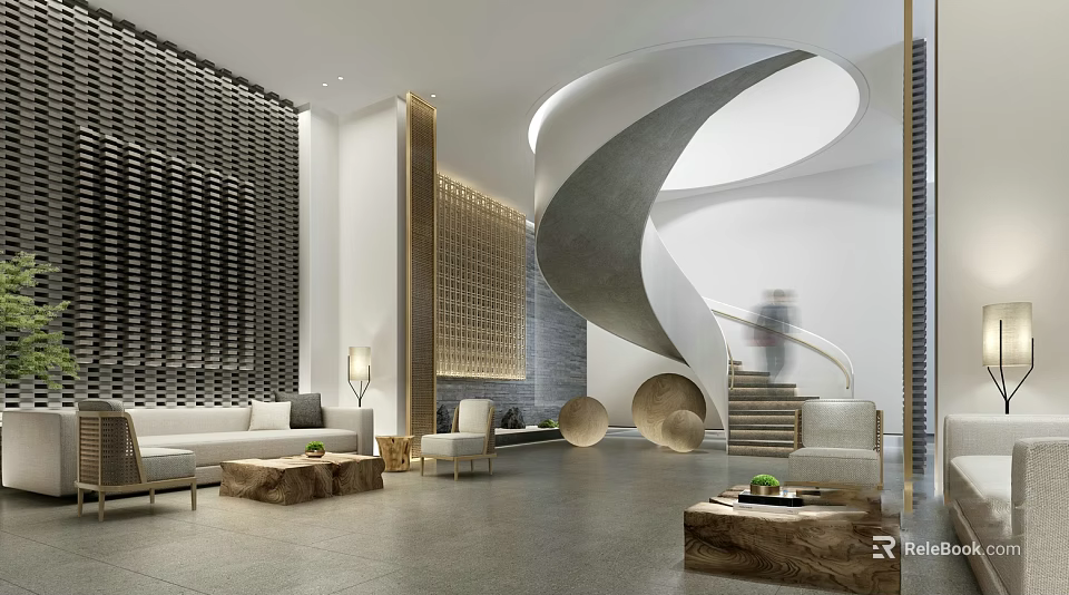 Modern Lounge Area Interior Design With Spiral Staircase Sofa Decorative Walls And Wooden Coffee Tables 3d model 