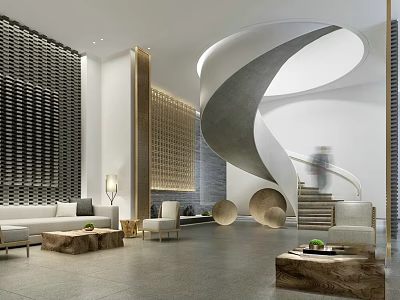 Modern Lounge Area Interior Design With Spiral Staircase Sofa Decorative Walls And Wooden Coffee Tables 3d model