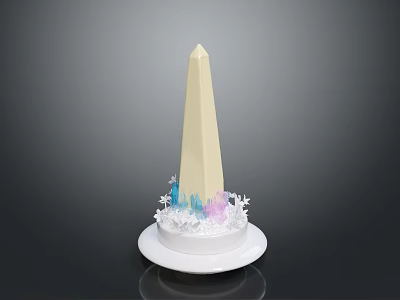 Tall Beige Obelisk Structure With Blue And Pink Decorative Elements On White Circular Base 3d model