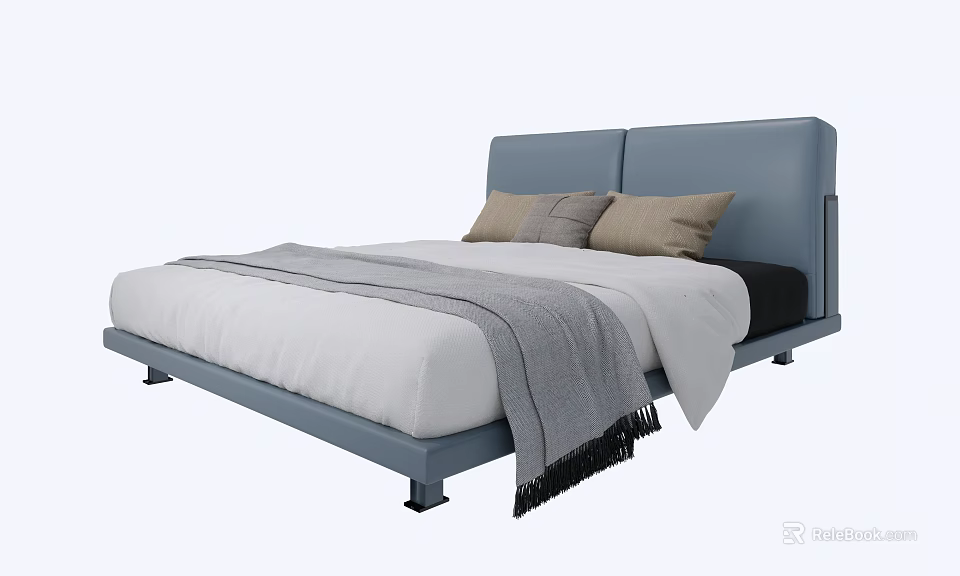 Modern Upholstered Double Bed with Blue Headboard White Sheets Gray Blanket and Pillows 3d model
