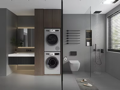Modern Gray Bathroom Interior With Stacked Washer Dryer Toilet Shower And Wooden Cabinet 3d model