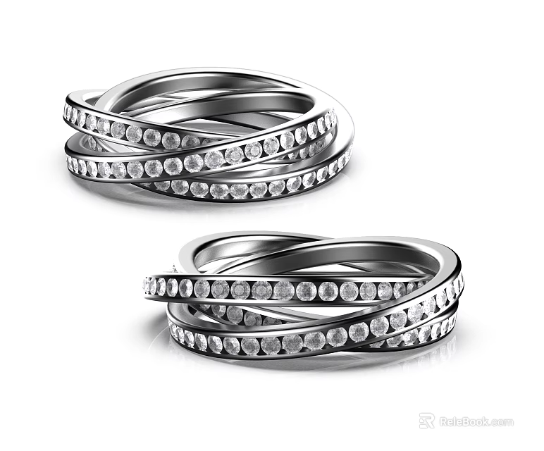 Elegant Modern Stackable Rings With Shiny Silver Band And Round Diamond Studs For Women Jewelry 3d model 