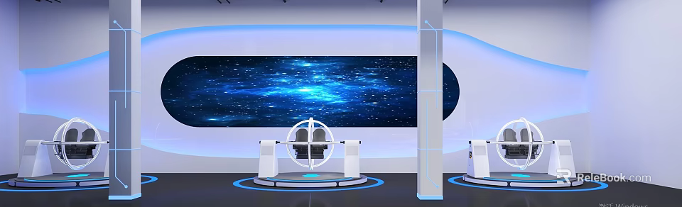 Starry Sky Background Modern Tech Experience Device With Circular Seating Platform And Blue Lighting 3d model 