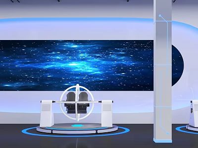 Starry Sky Background Modern Tech Experience Device With Circular Seating Platform And Blue Lighting 3d model