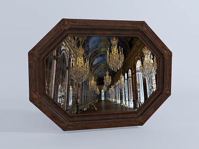 Octagonal Wooden Picture Frame Showcasing Luxurious Hall with Chandeliers and Arched Doorways 3d model