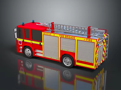 Red And Yellow Fire Truck With Ladder And Rescue Sign On Reflective Surface 3d model
